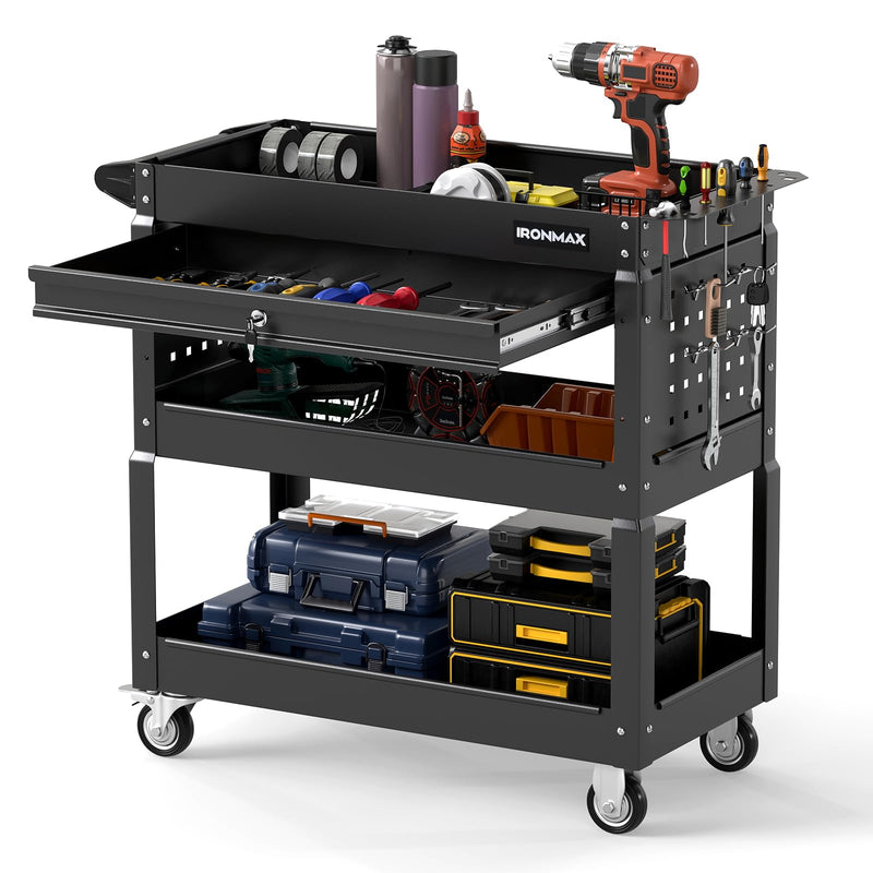 Load image into Gallery viewer, Goplus 3 Tier Rolling Tool Cart with Lockable Drawer | Heavy Duty Metal Utility Cart on Wheels