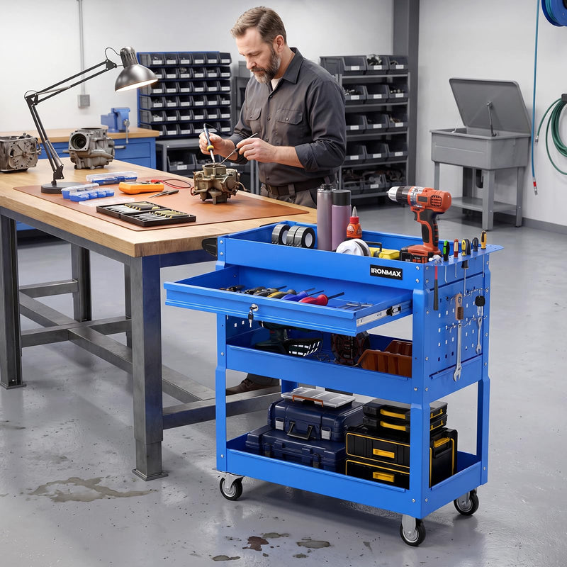 Load image into Gallery viewer, Goplus 3 Tier Rolling Tool Cart with Lockable Drawer | Heavy Duty Metal Utility Cart on Wheels