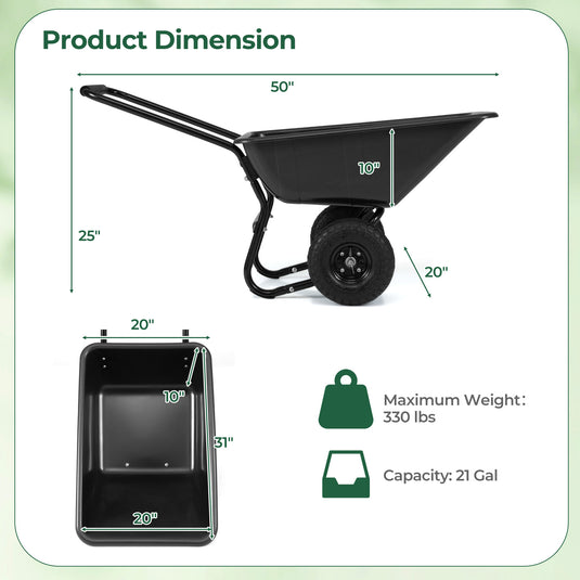 Goplus Dual-Wheel Wheelbarrow, Heavy-Duty Garden Utility Cart w/Pneumatic Tires, 330LBS Capacity