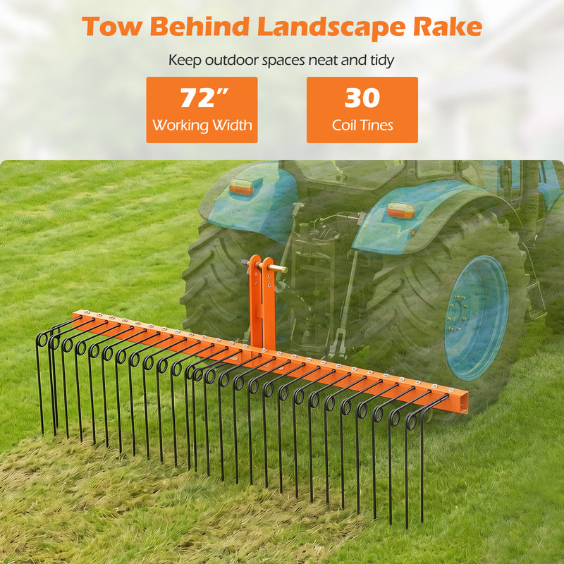 Load image into Gallery viewer, Goplus 72" Pine Straw Rake Tow Behind Landscape Rake with 30 Metal Coil Tines