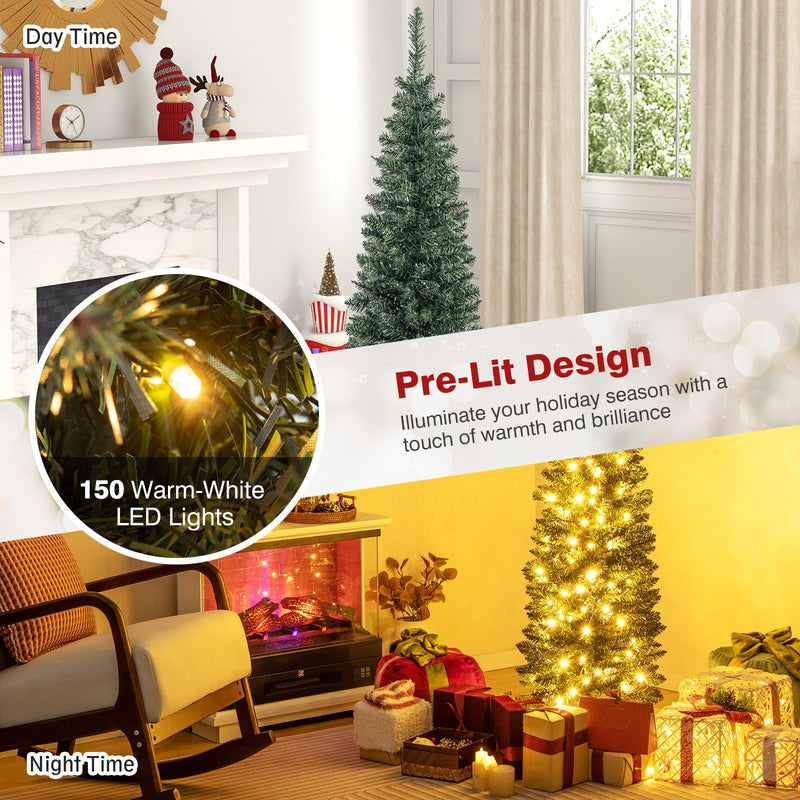 Load image into Gallery viewer, Goplus 5ft Pre-Lit Pencil Christmas Tree, Artificial Slim Xmas Tree with 150 Warm-White LED Lights