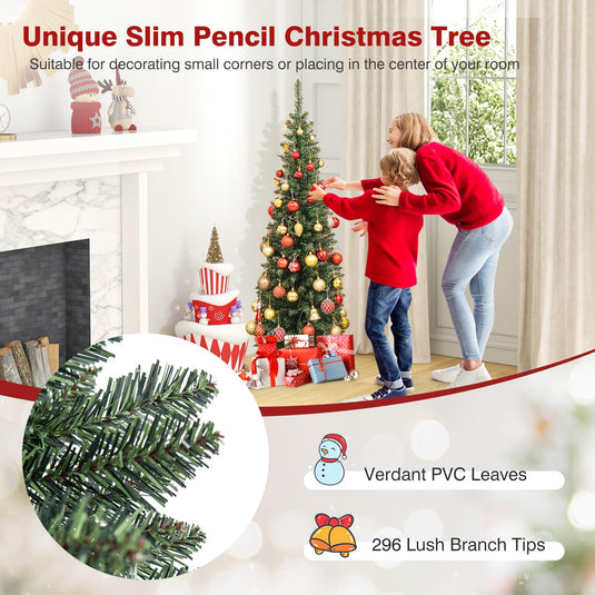 Goplus 5ft Pre-Lit Pencil Christmas Tree, Artificial Slim Xmas Tree with 150 Warm-White LED Lights
