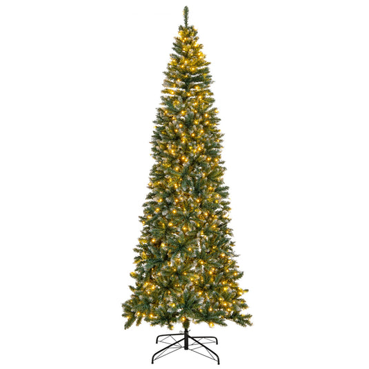 Goplus 9ft Pre-Lit Artificial Pencil Christmas Tree, Hinged Slim Xmas Tree with 500 Warm-White LED Lights