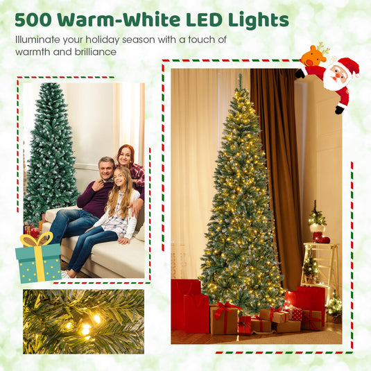 Goplus 9ft Pre-Lit Artificial Pencil Christmas Tree, Hinged Slim Xmas Tree with 500 Warm-White LED Lights