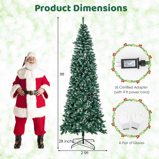 Goplus 9ft Pre-Lit Artificial Pencil Christmas Tree, Hinged Slim Xmas Tree with 500 Warm-White LED Lights