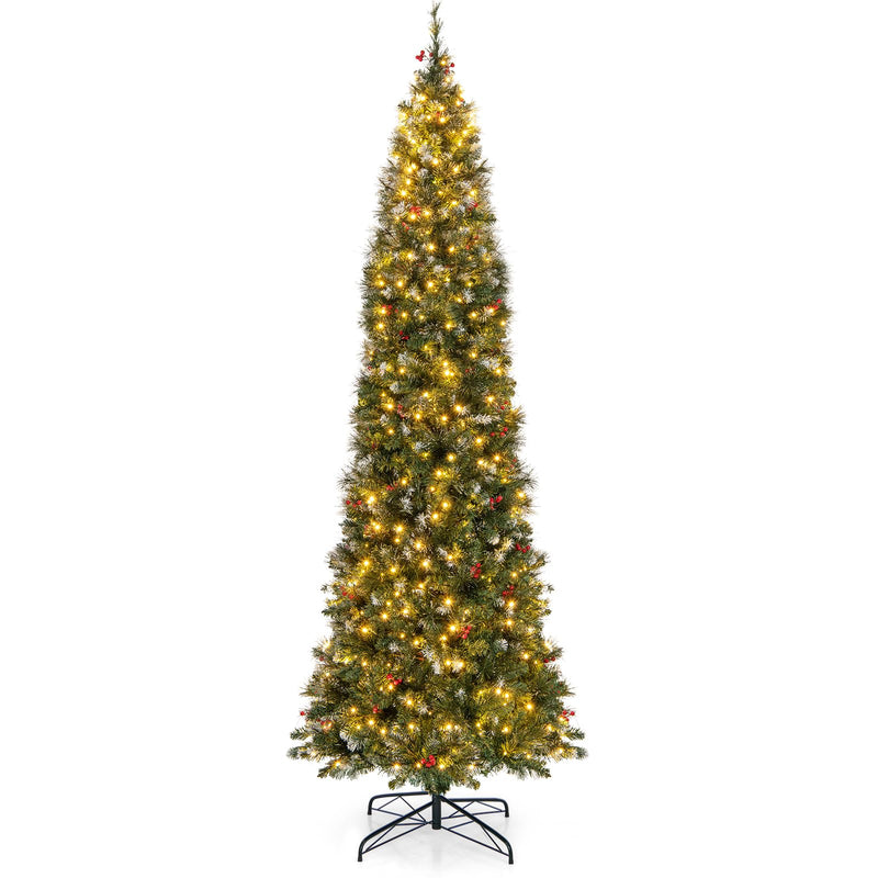 Load image into Gallery viewer, Goplus 9ft Pre-Lit Pencil Christmas Tree, Artificial Hinged Slim Xmas Tree with 500 Warm-White LED Lights