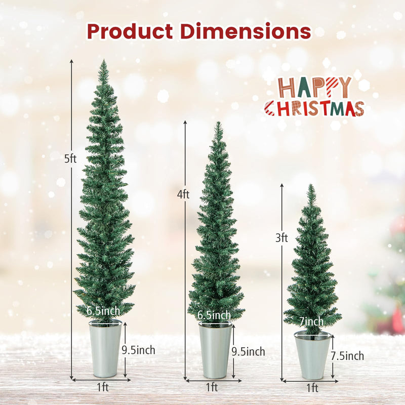 Load image into Gallery viewer, Goplus Set of 3 Artificial Christmas Tree, 3' 4' 5' Slim Pencil Xmas Tree with Silver Metal Buckets