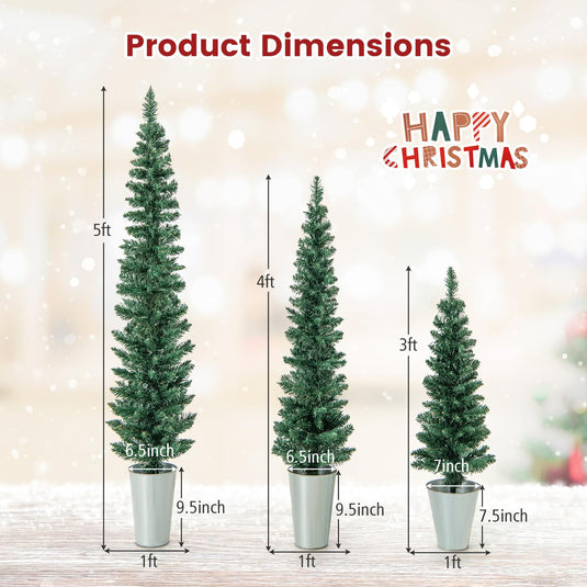 Goplus Set of 3 Artificial Christmas Tree, 3' 4' 5' Slim Pencil Xmas Tree with Silver Metal Buckets