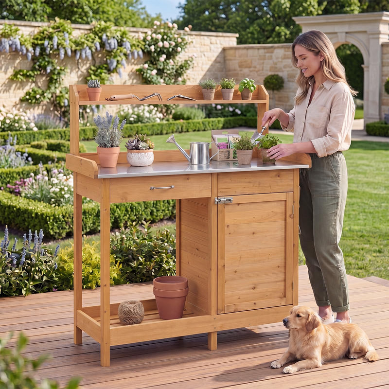 Load image into Gallery viewer, Goplus Garden Potting Bench Table with Stainless Steel Tabletop for Yard Porch Lawn