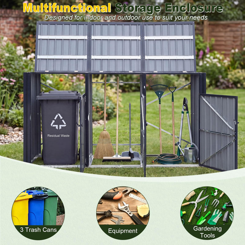 Load image into Gallery viewer, Goplus 7.8 x 2.6 FT Outdoor Trash Can Storage 3-Bin Metal Garbage Shed with Flip-Up Lids