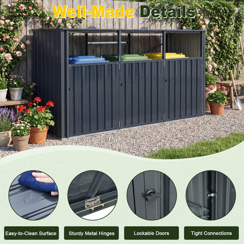 Load image into Gallery viewer, Goplus 7.8 x 2.6 FT Outdoor Trash Can Storage 3-Bin Metal Garbage Shed with Flip-Up Lids