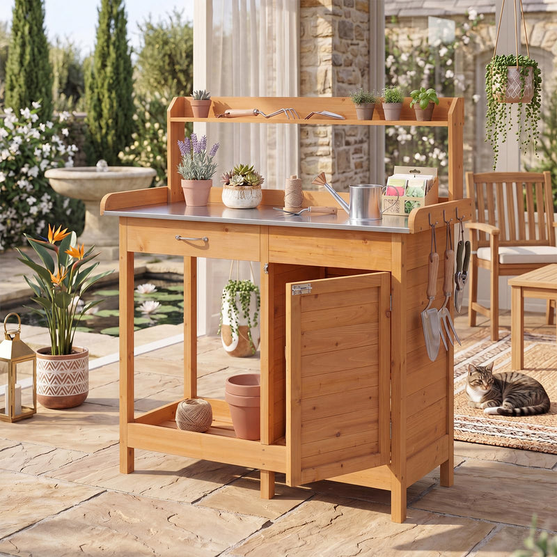 Load image into Gallery viewer, Goplus Garden Potting Bench Table with Stainless Steel Tabletop for Yard Porch Lawn