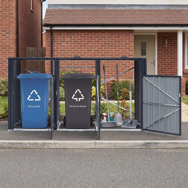Load image into Gallery viewer, Goplus 7.8 x 2.6 FT Outdoor Trash Can Storage 3-Bin Metal Garbage Shed with Flip-Up Lids