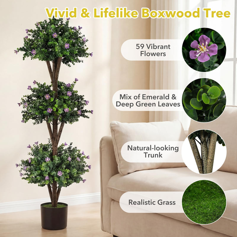 Load image into Gallery viewer, Goplus 51" Artificial Triple Ball Boxwood Topiary Tree with 59 Blossoms & Cement-Filled Plastic Pot