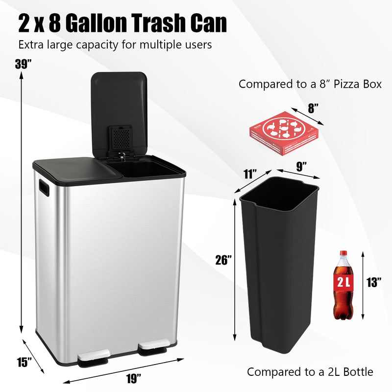 Load image into Gallery viewer, Goplus 16 Gallon/ (2x30L) Stainless Steel Trash Can, Kitchen Trash Bin