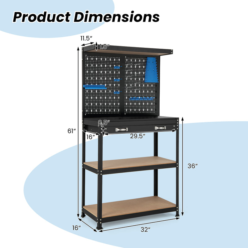 Load image into Gallery viewer, Goplus Workbench with Pegboard, 32" x 16" Multi-use Workbench with 2 Tires of Shelves, Topping Space