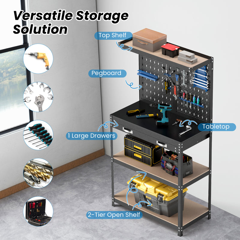 Load image into Gallery viewer, Goplus Workbench with Pegboard, 32" x 16" Multi-use Workbench with 2 Tires of Shelves, Topping Space