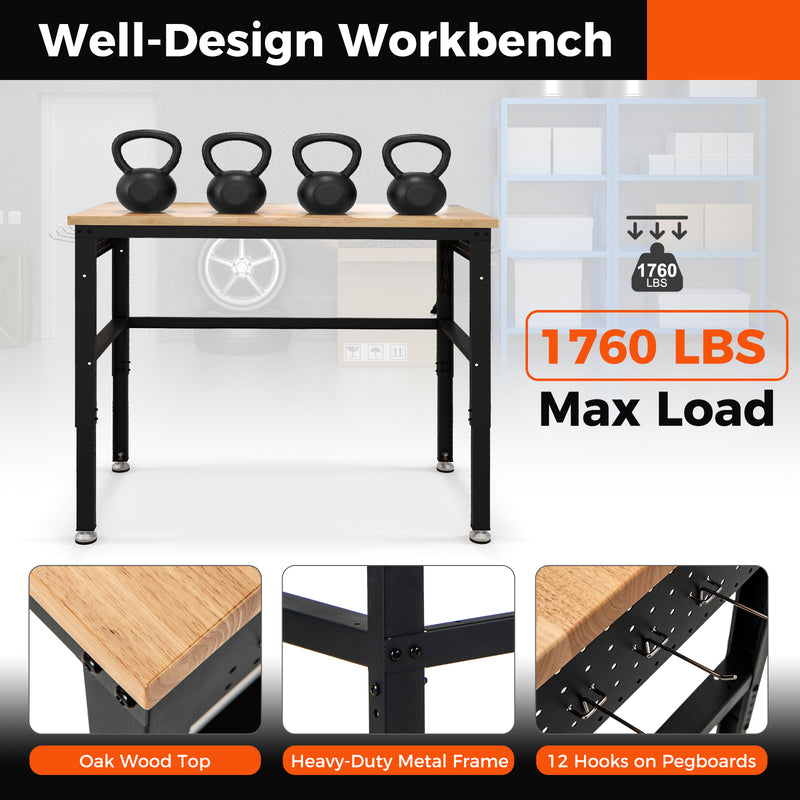 Load image into Gallery viewer, 48" Adjustable Workbench, Oak Wood Top Heavy-Duty Work Table Workstation with Non-Slipping Pads & Adjustable Height