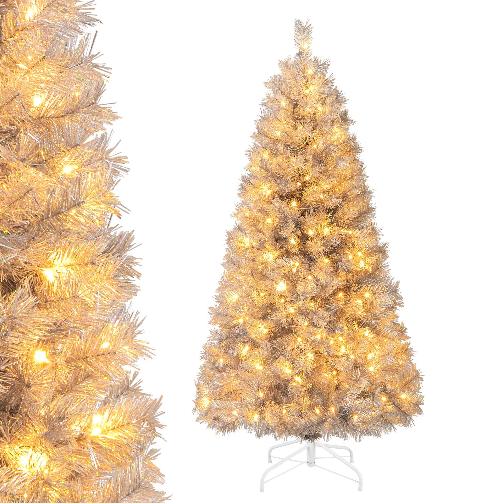 Goplus 5ft / 6ft / 7 ft Pre-Lit Silver Tinsel Christmas Tree with Warm ...