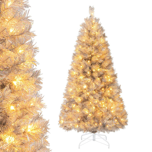 Goplus 5ft / 6ft / 7 ft Pre-Lit Silver Tinsel Christmas Tree with Warm White LED Lights