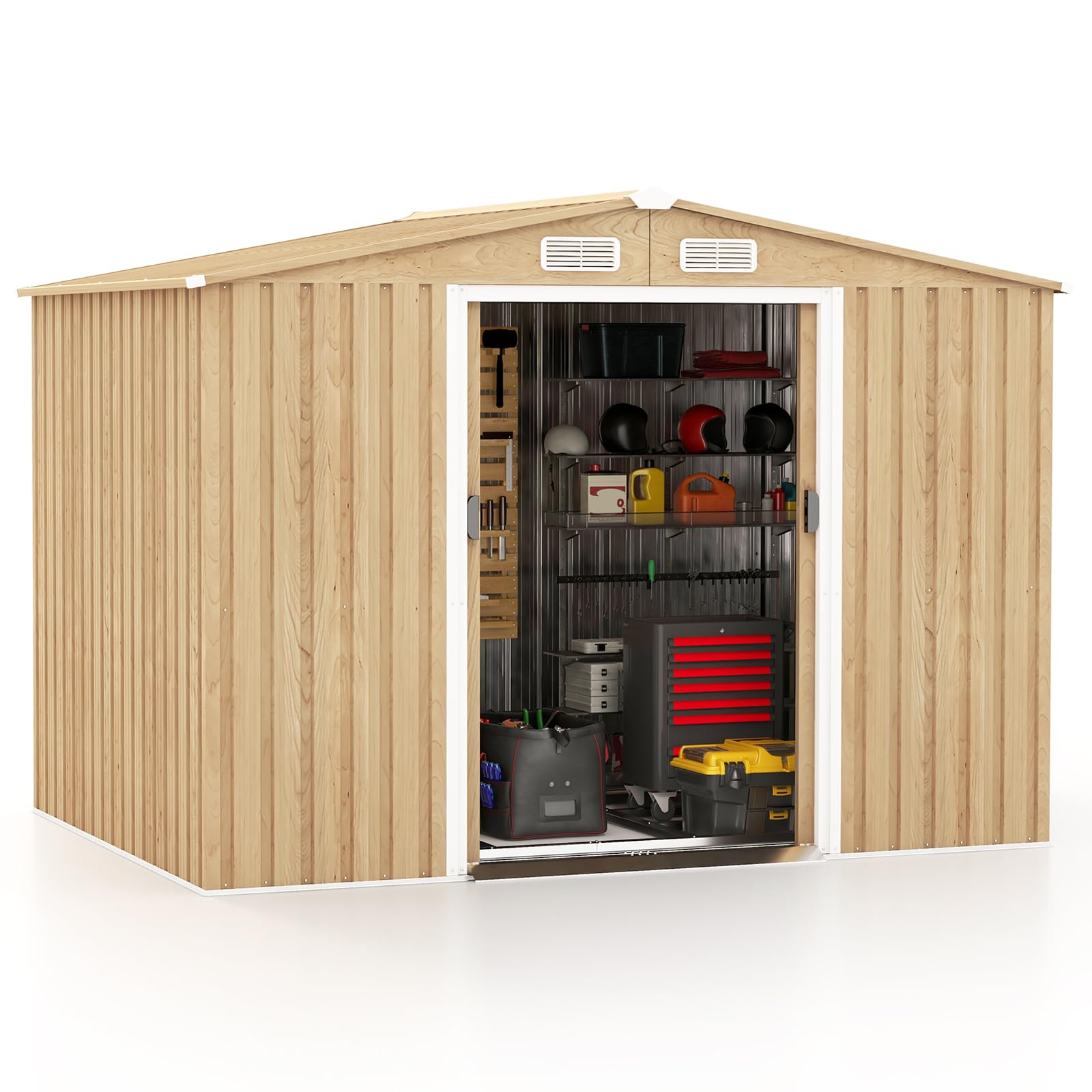 Goplus 8' x 6' Woodgrain Outdoor Storage Shed, Galvanized Metal