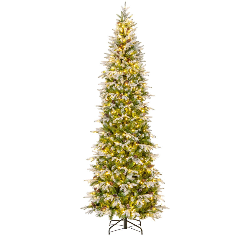 Load image into Gallery viewer, Goplus 9 FT Pre-Lit Pencil Christmas Tree, Artificial Snow Flocked Hinged Fake Slim Xmas Tree with 470 Warm-White LED Lights