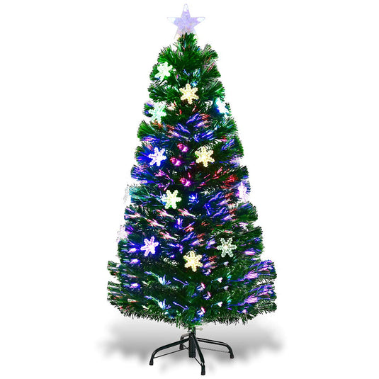 Goplus 4ft Pre-Lit Fiber Optic Christmas Tree Artificial Xmas Full Tree with Colorful Snowflake LED Lights