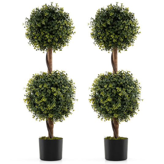 Goplus 3 FT Artificial Boxwood Topiary Trees Set of 2 Faux Outdoor Topiary Ball Tree with Cement-Filled Pot