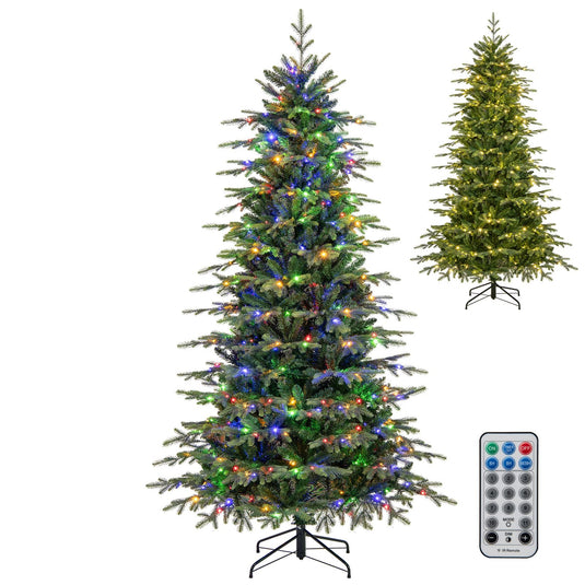 Goplus 7.5ft Pre-Lit Artificial Christmas Tree with 1162 PVC & PE Tips, 380 Multicolored & Warm White LED Lights