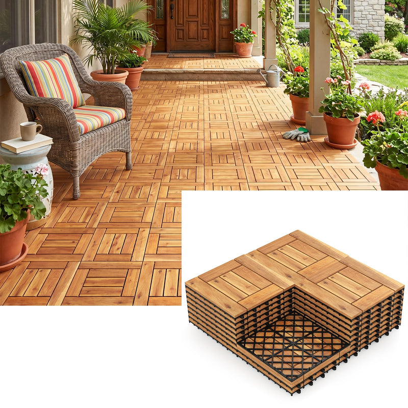 Load image into Gallery viewer, Giantex Golden Teak Frame Acacia Wood Deck Tiles 27/54 sq.ft Waterproof Outdoor Floor Tiles