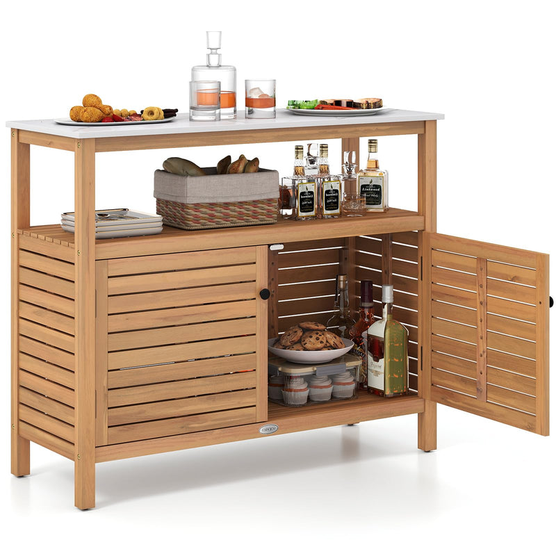 Load image into Gallery viewer, Goplus Outdoor Potting Bench with 2-Door Storage Cabinet & Faux Marble Tabletop