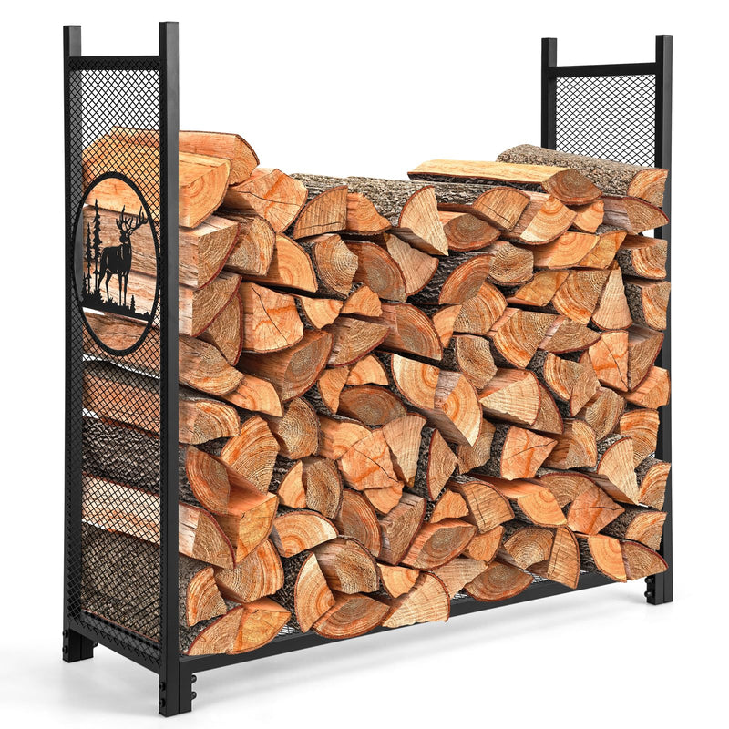 Load image into Gallery viewer, Goplus Firewood Rack Outdoor, 4 FT Metal Log Storage Rack with Mesh Sides & Base