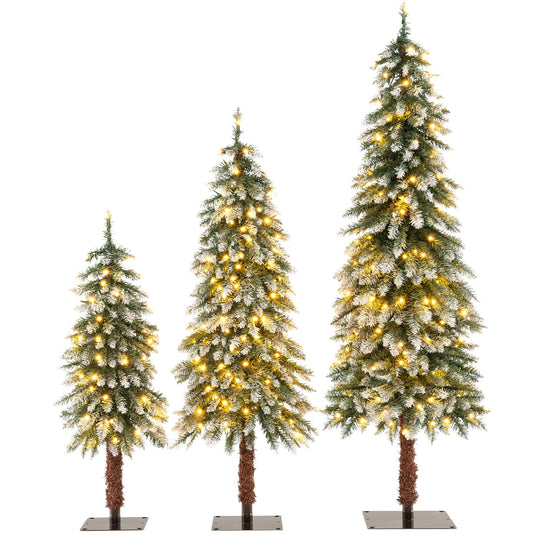 Goplus 3' 4' 5' Pre-Lit Artificial Christmas Tree Set, Slim Pencil Xmas Trees with Snowy Leaves