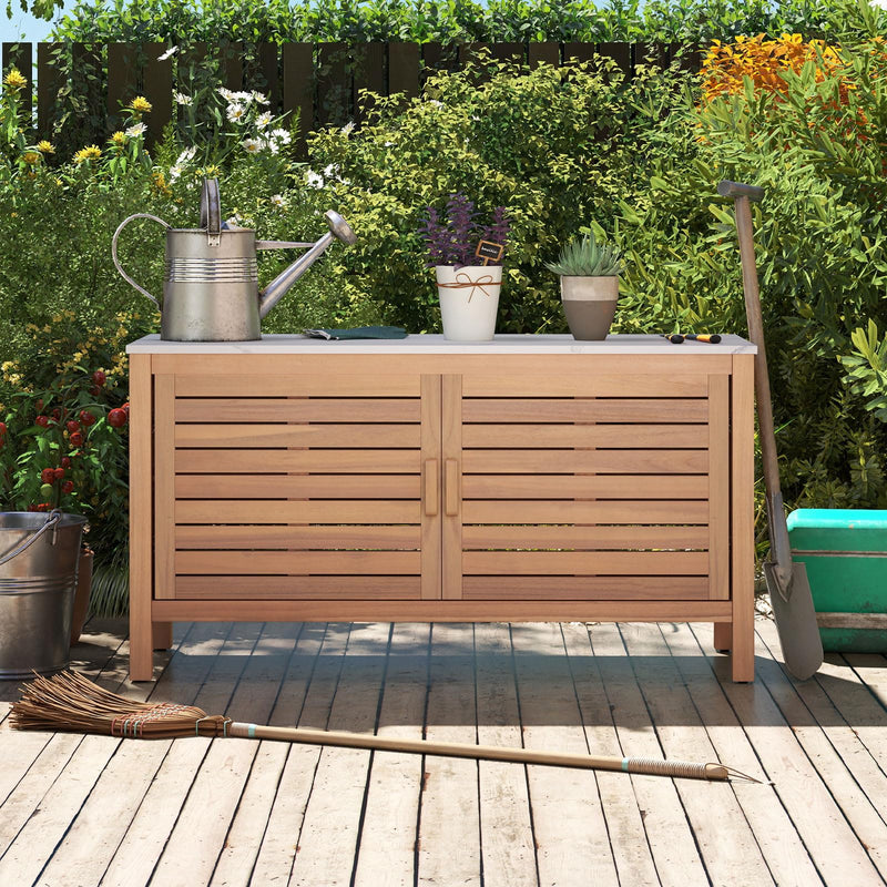 Load image into Gallery viewer, Goplus Patio 2-Door Acacia Wood Storage Container with Faux Marble Top