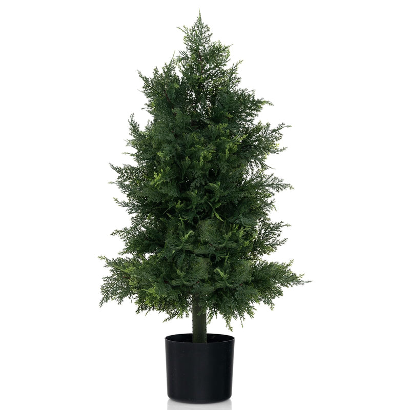 Load image into Gallery viewer, Goplus 31.5'' Artificial Cedar Topiary Trees for Outdoors, Potted Fake Cypress Trees with Cement Plastic Pot