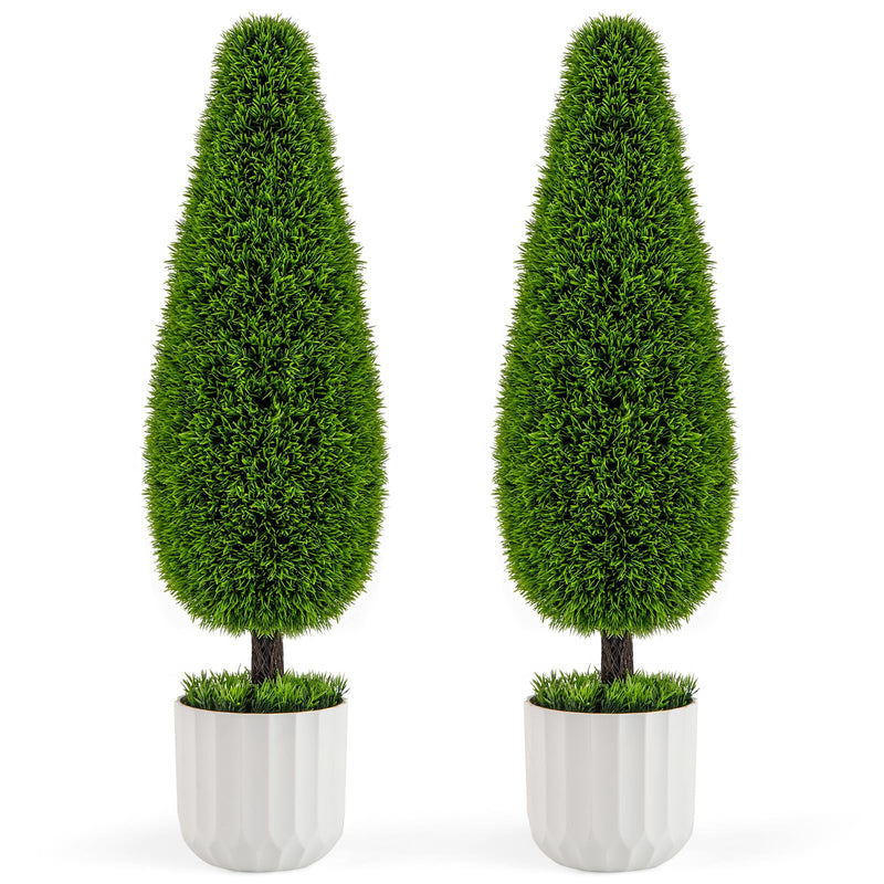 Load image into Gallery viewer, Goplus 3ft Artificial Cedar Teardrop Shaped Topiary Tree, 2 Pack Faux Potted Plants with Plastic Nursery Pot