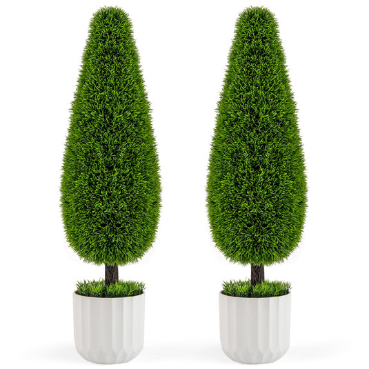 Goplus 3ft Artificial Cedar Teardrop Shaped Topiary Tree, 2 Pack Faux Potted Plants with Plastic Nursery Pot