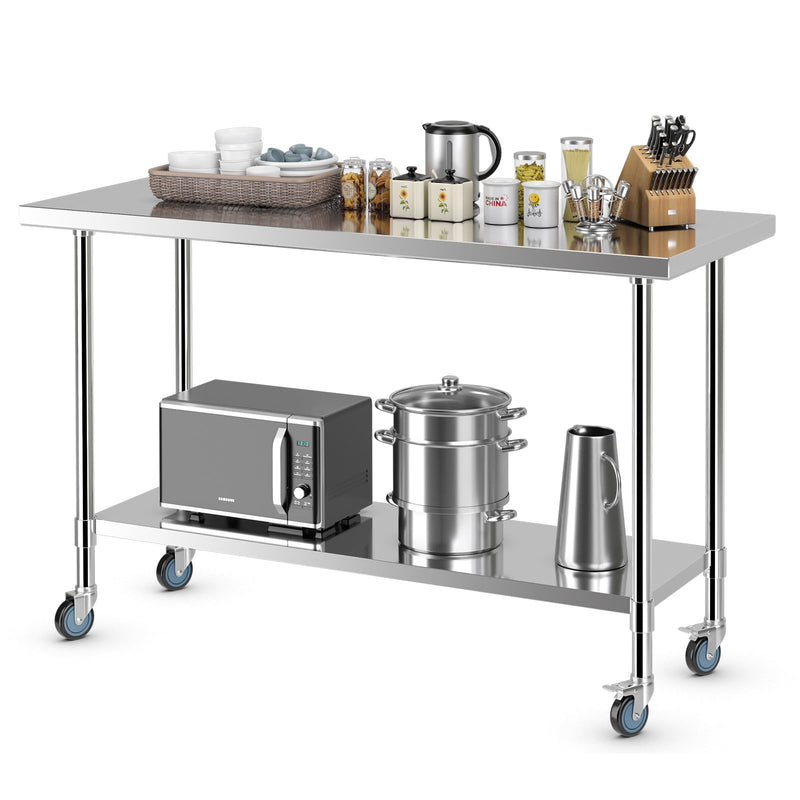 Load image into Gallery viewer, Goplus Stainless Steel Table with Wheels, 60” x 24” Rolling Kitchen Prep Table Work Table with Height Adjustable Under Shelf