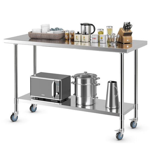 Goplus Stainless Steel Table with Wheels, 60” x 24” Rolling Kitchen Prep Table Work Table with Height Adjustable Under Shelf