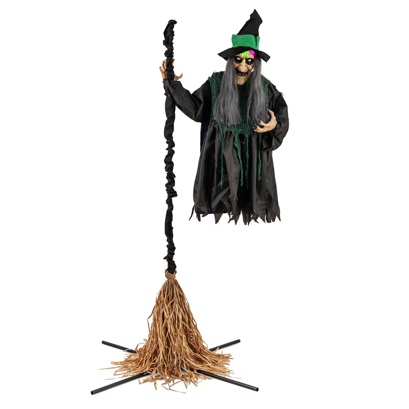 Load image into Gallery viewer, Goplus Witch with Broomstick Halloween Animatronic, Life Size Animated Halloween Prop with Laughing and Screaming Sound