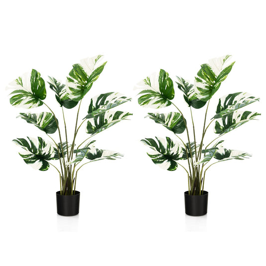 Goplus 4ft Artificial Monstera Deliciosa Plant, 2 Pack Tall Fake Tropical Palm Tree in Pot with 10 Decorative Split Leaves