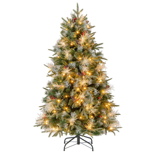 Goplus 5FT / 6FT / 7FT Pre-Lit Artificial Christmas Tree with LED Lights Pine Cones Berries