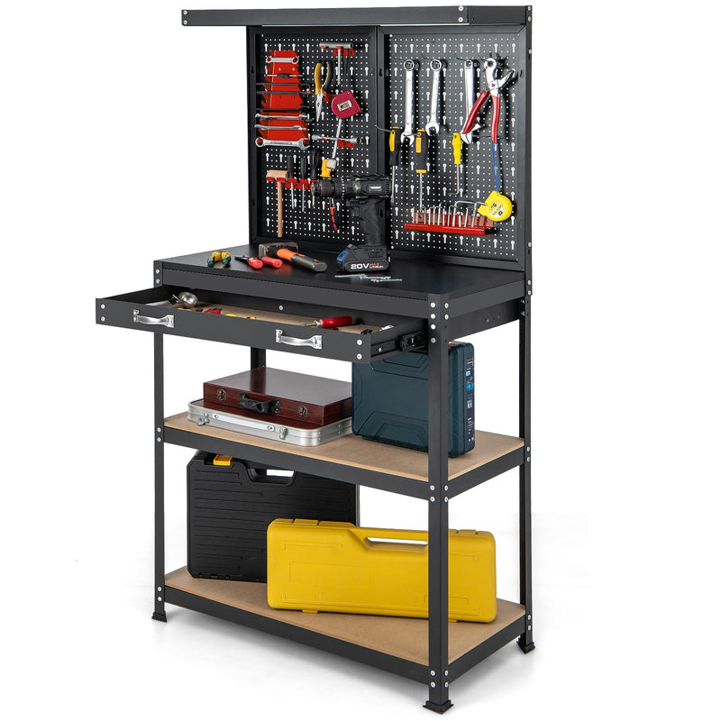 Load image into Gallery viewer, Goplus Workbench with Pegboard, 32" x 16" Multi-use Workbench with 2 Tires of Shelves, Topping Space