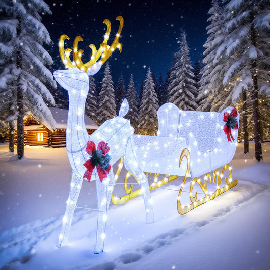 Goplus Lighted Christmas Reindeer and Sleigh w/ 215 LED Lights