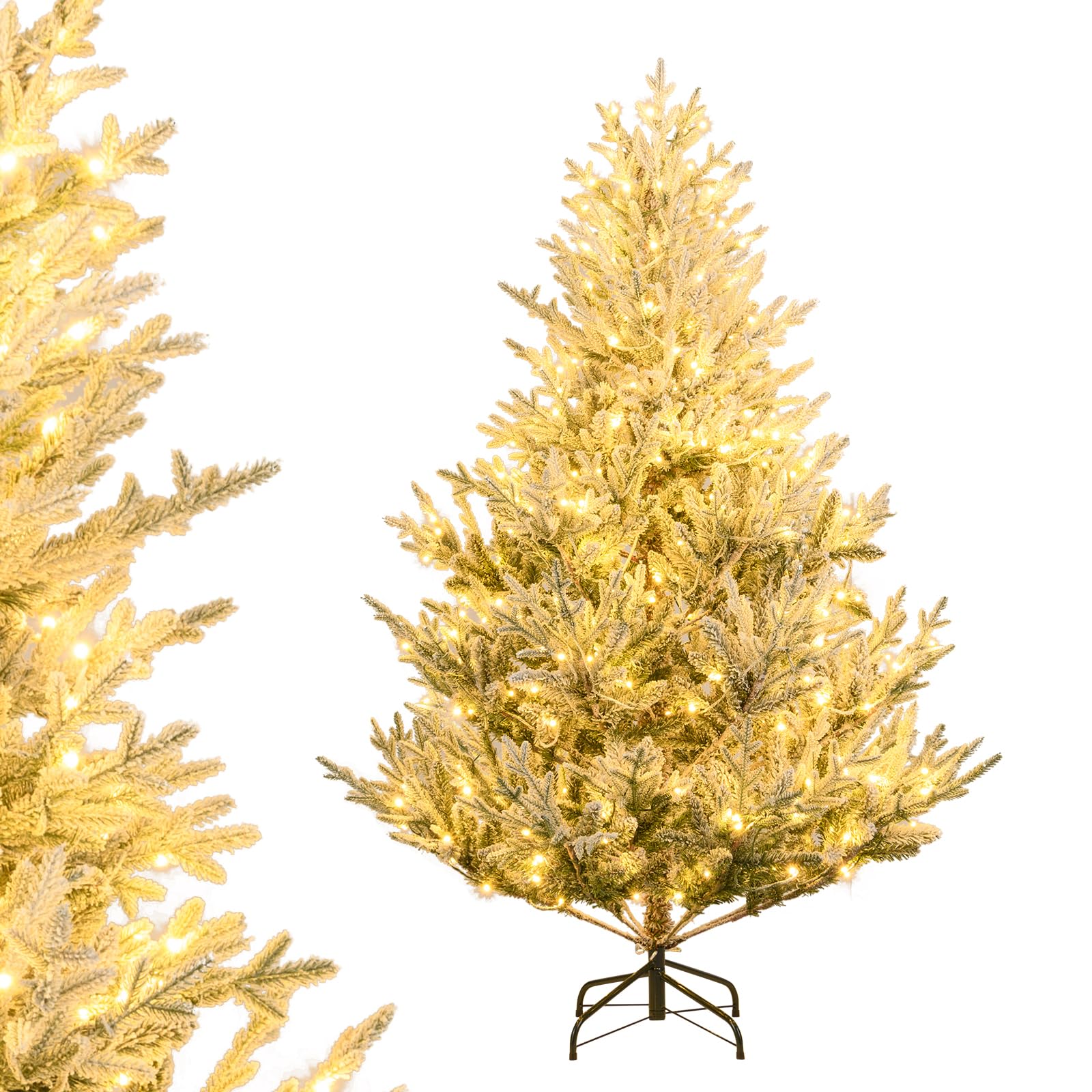 Goplus 6FT / 7FT / 8FT Pre-Lit Snow Flocked Christmas Tree | Holiday H ...