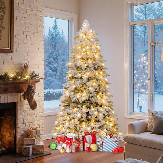 Goplus Pre-Lit Snow Flocked Christmas Tree with Mixed Branch Tips & LED Lights
