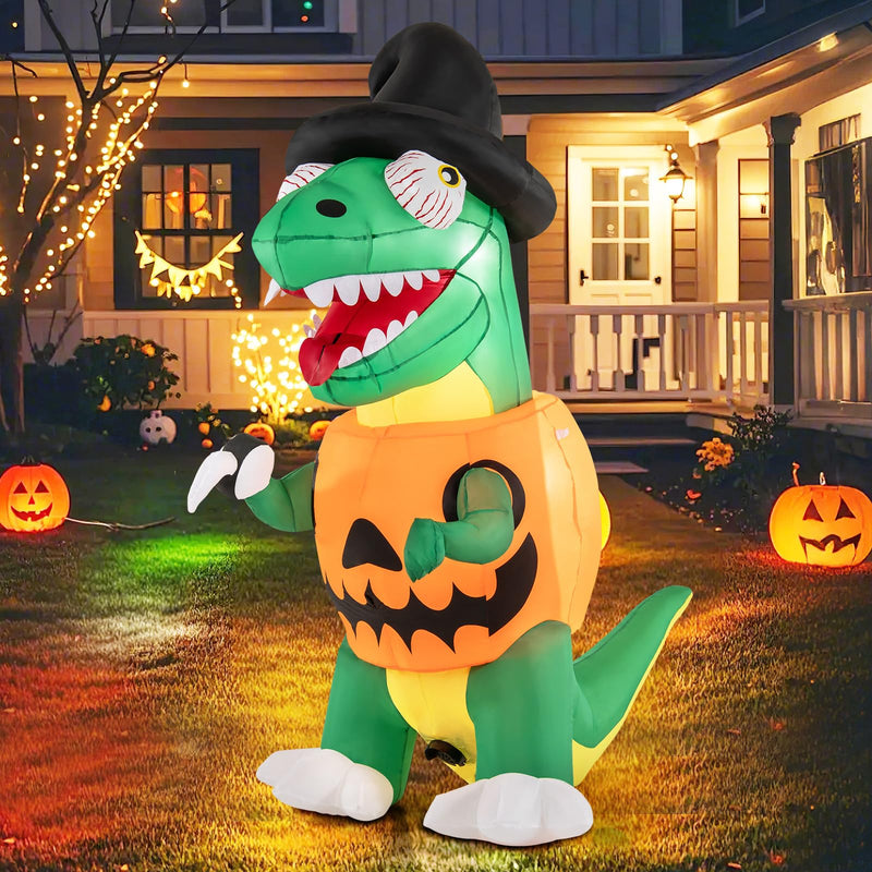 Load image into Gallery viewer, Goplus 6 FT Inflatable Pumpkin Dinosaur, Blow up Yard Decoration with Built-in LED Lights & Witch Hat
