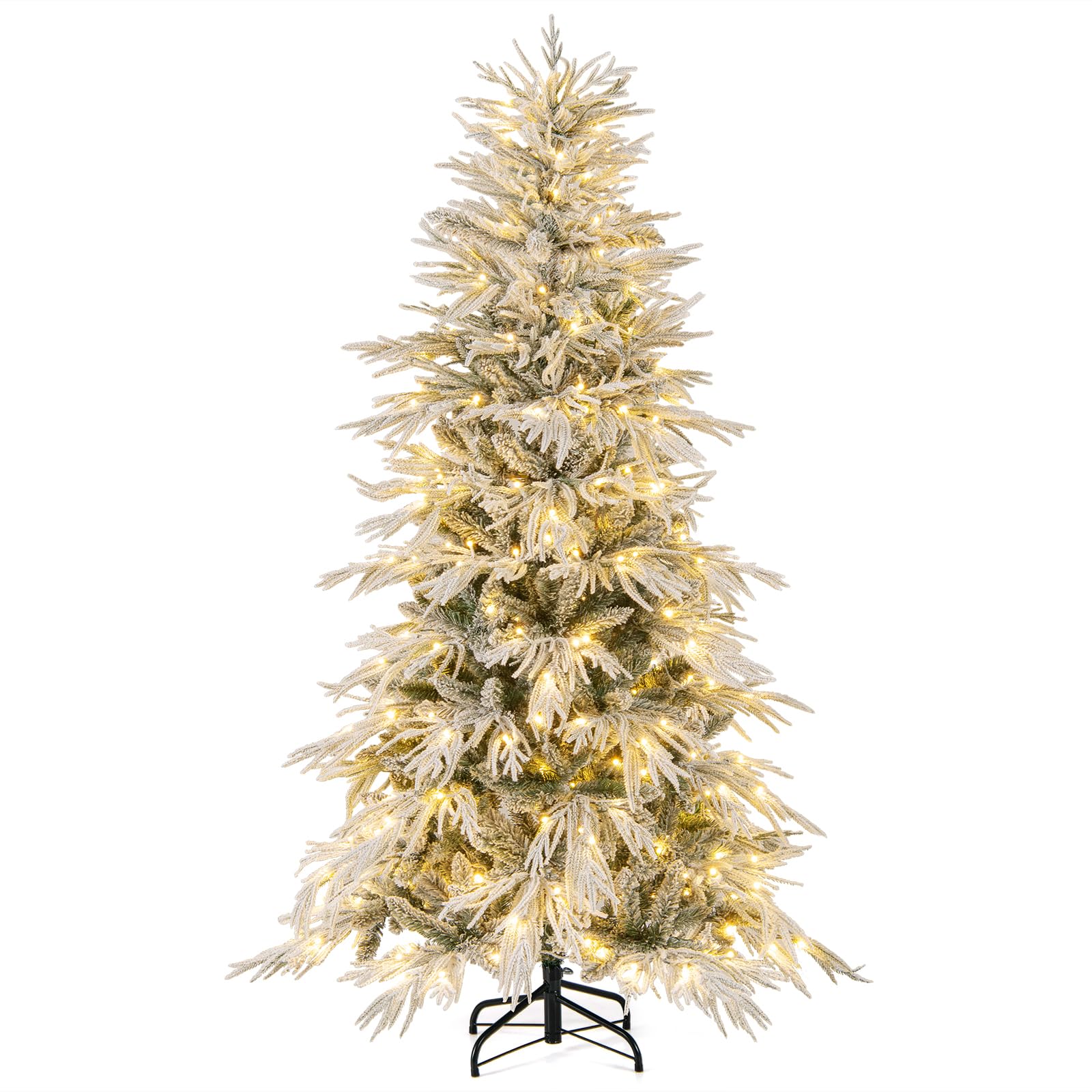Goplus 6FT / 7FT / 8FT Pre-Lit Snow Flocked Christmas Tree with PE & P ...