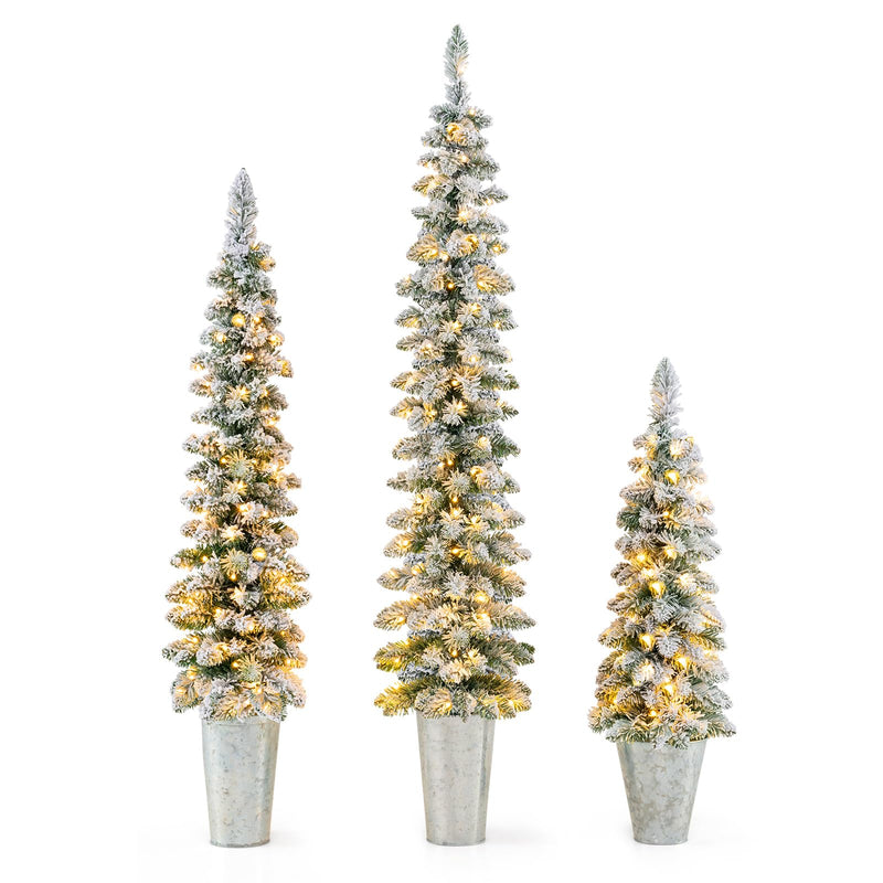 Load image into Gallery viewer, Goplus 3' 4' 5' Pre-Lit Snow Flocked Christmas Tree Set of 3, Slim Pencil Artificial Potted Xmas Trees with 423 Branch Tips