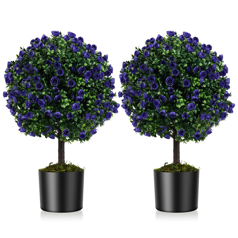 Load image into Gallery viewer, Goplus 22'' Artificial Purple Rose Topiary Ball Tree Set of 2 Faux Potted Plants Artificial Shrubs Bushes with Flowers